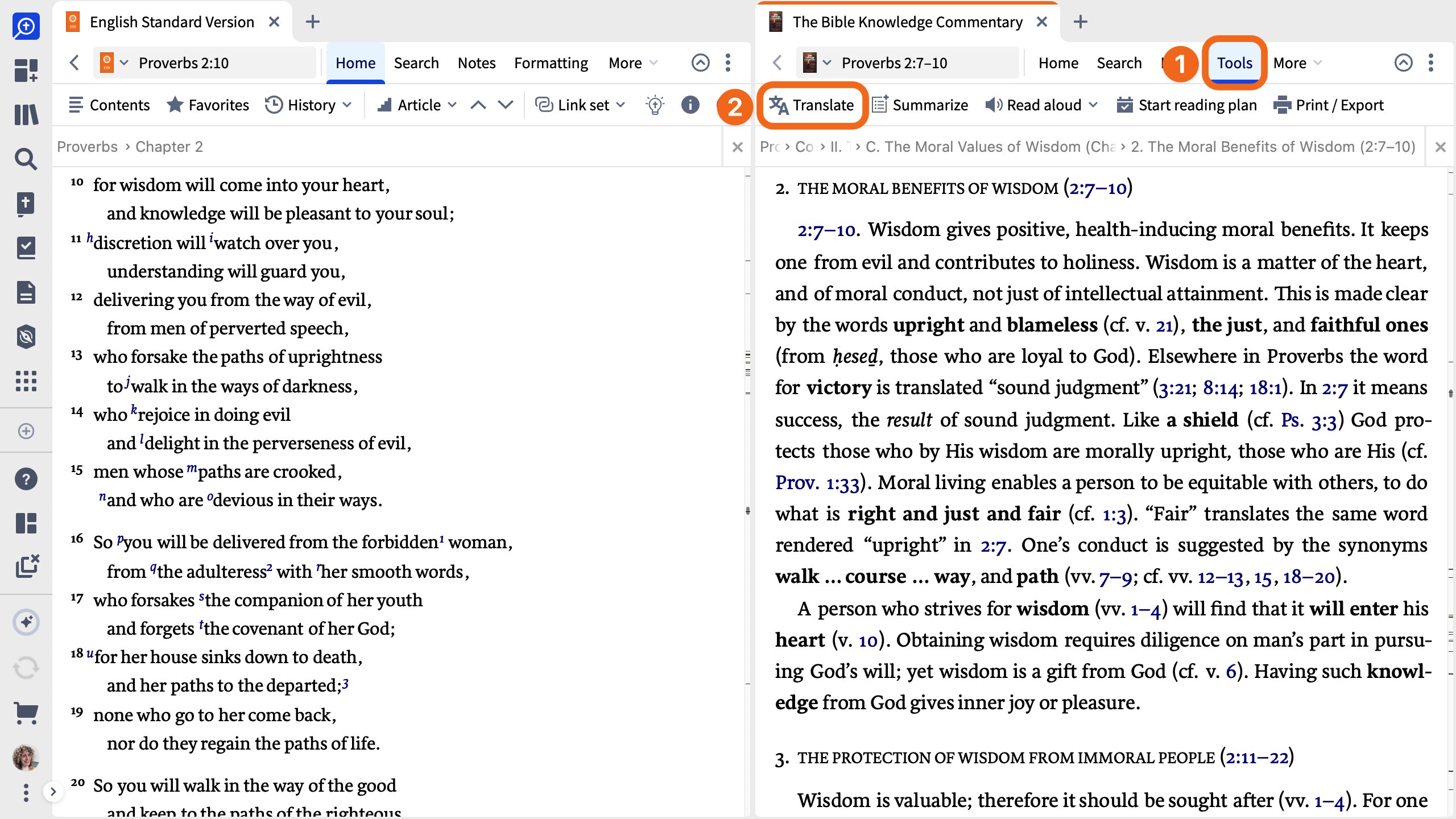Select the Tools tab and click Translate
